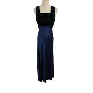 Vtg 90s Satin Velvet Gown Prom Dress Blue Black Sz 9 Floral Empire‎ Prom Dress